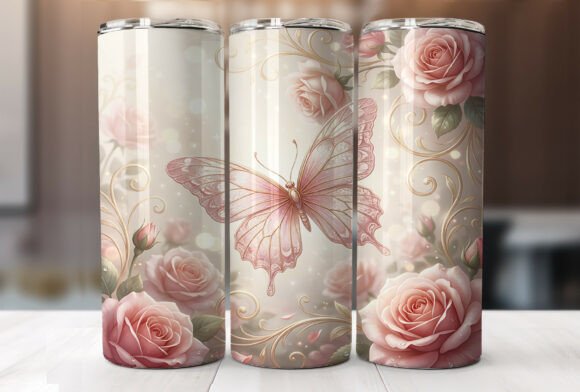 Pink Rose Butterfly Graphics for Tumbler Wraps