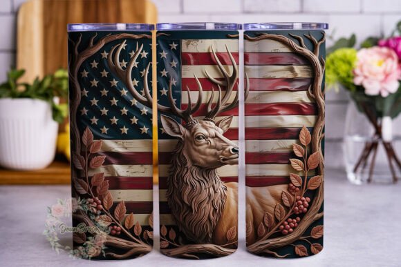 Rustic Stag Flag Wood Carve Tumbler Wrap Graphics